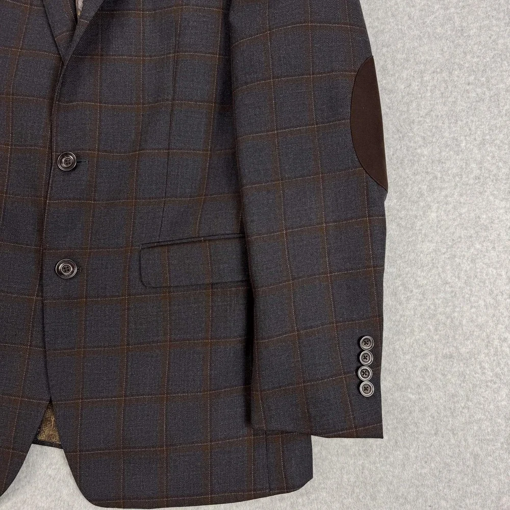 Tallia Blazer Mens 40L Gray Plaid 100% Wool Elbow Patch Sport Coat Jacket Office